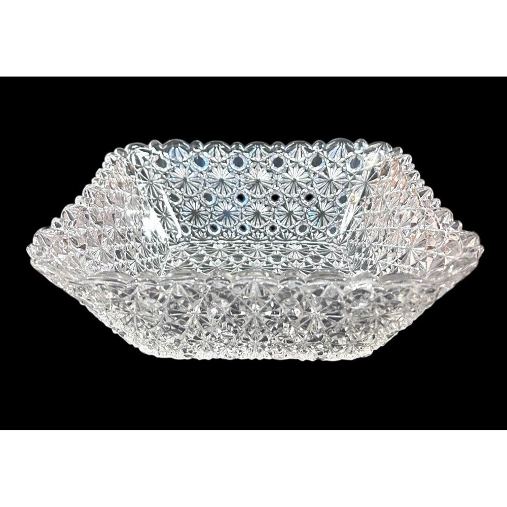 Antique Vtg EAPG Daisy Button Pressed Clear Glass Square Bowl Scalloped Points